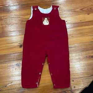Size 2T long John John overalls for boys red with snowman